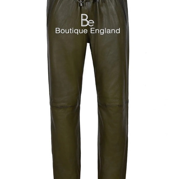 Mens New Olive Green Leather Joggers - Picture 6 of 6